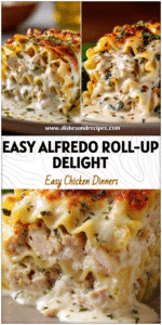 White Chicken Alfredo Lasagna Roll Ups stacked on a plate with creamy sauce and herbs, perfect for Pasta Dinner Recipes